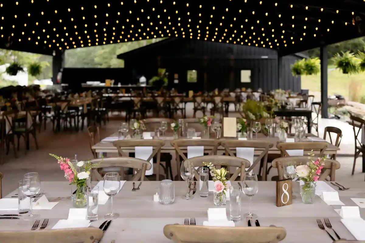 Farm-to-Table wedding dinner at the garden terrace at Roxbury Barn & Estate in upstate New York