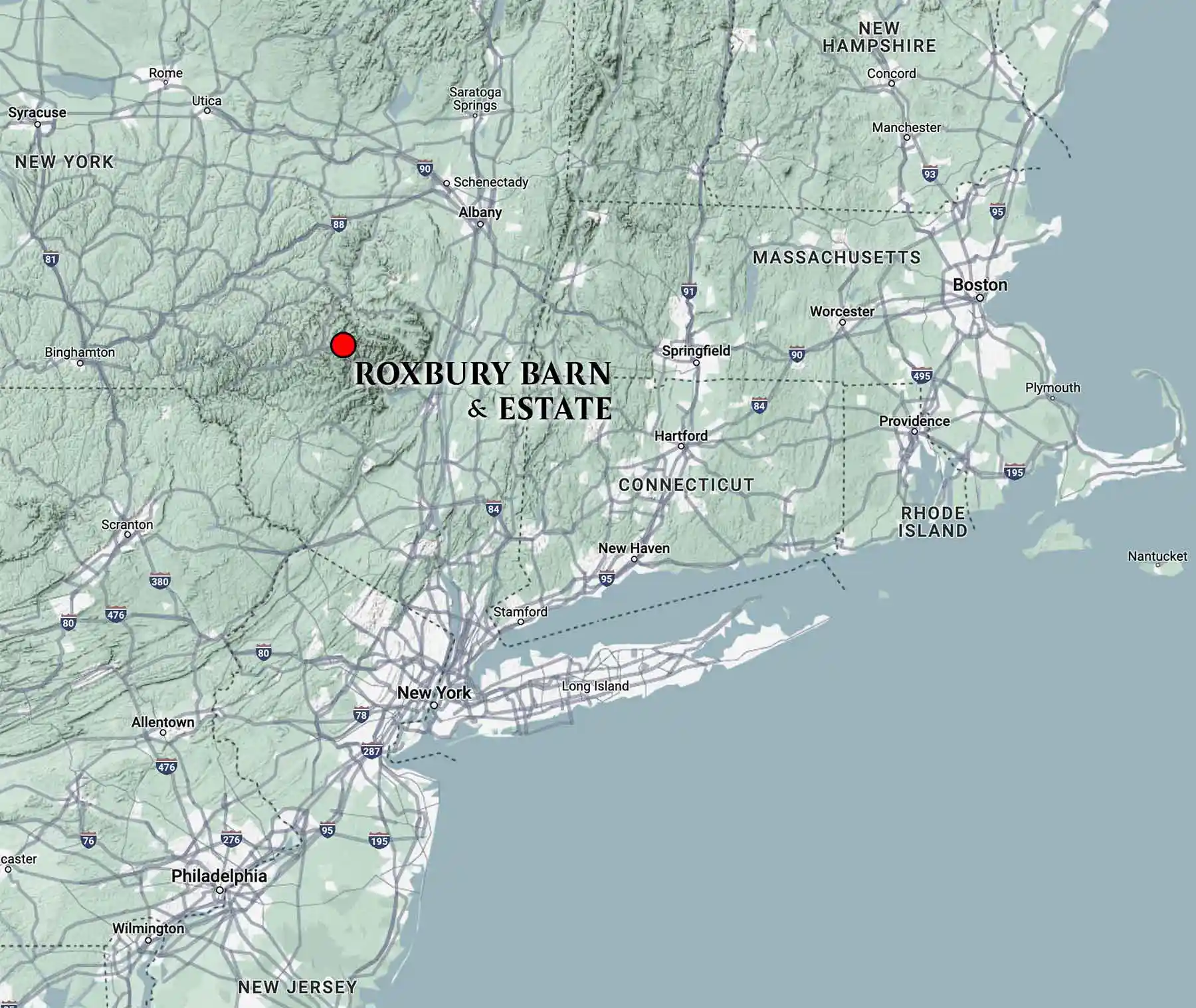 Map of Roxbury Barn & Estate, in the Catskill Mountains of New York, in North East America
