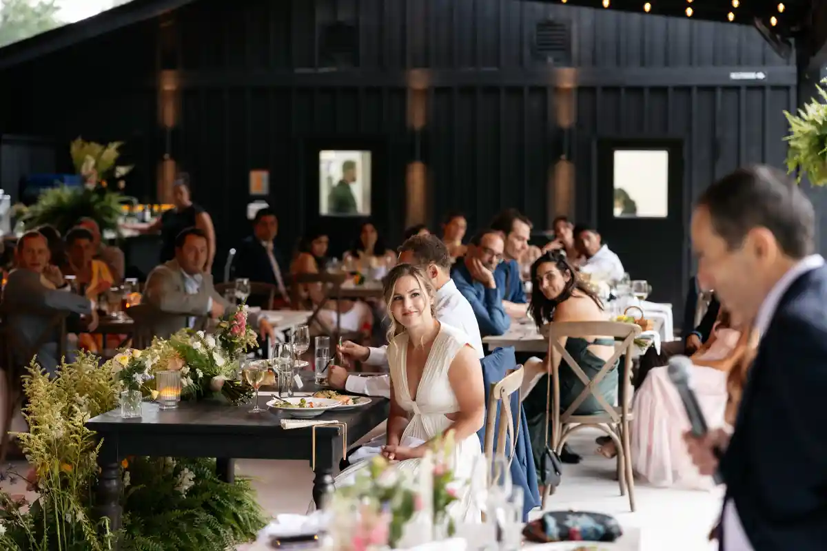 Wedding dinner at the garden terrace at Roxbury Barn & Estate