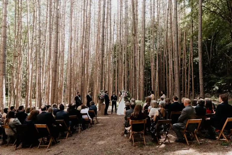 Wedding ceremony in a dreamy forest at one of the Hudson Valley wedding venues